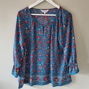 Northern Reflections L Floral Boheminan Peasant Vacation Keyhole Blouse
